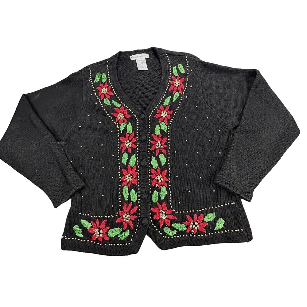 Victoria Jones Sweater Woman Sze L Black Holiday Embroidery Poinsettias & Beads